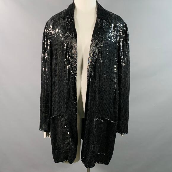 Vintage XL Black Silk Beaded Sequined Open Front Jacket Blazer - Picture 1 of 10